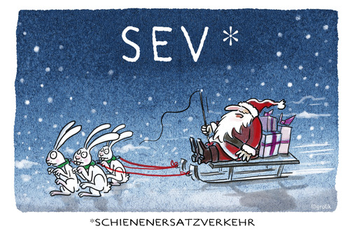 Cartoon: Jingle bells jingle bells... (medium) by markus-grolik tagged weihnachten,wetter,klima,schnee,weiße,weihnacht,heilig,abend,weihnachtsmann,geschenk,logistik,feierlichkeit,besinnlichkeit,osterhasen,schlitten,skifahren,matsch,deutsche,bahn,ice,frost,minus,grade,wetterbericht,amazon,dhl,cartoon,grolik,jingle,bells