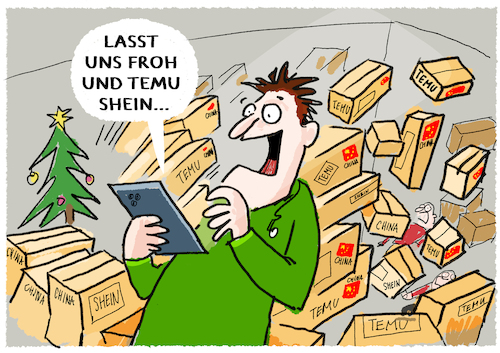 Cartoon: Konsumrausch made in China (medium) by markus-grolik tagged temu,shein,online,tictoc,china,billigangebote,gamification,verkaufsplattform,peking,xi,konsumrausch,app,temu,shein,online,tictoc,china,billigangebote,gamification,verkaufsplattform,peking,xi,konsumrausch,app