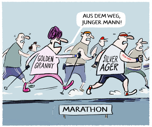 Cartoon: Longevity-Wettkampf... (medium) by markus-grolik tagged longevity,wettkampf,alter,granny,golden,silverager,marathon,fitness,selbstoptimierung,gesundheit,bewegung,illustration,cartoon,senior,joggen,laufen,longevity,wettkampf,alter,granny,golden,silverager,marathon,fitness,selbstoptimierung,gesundheit,bewegung,illustration,cartoon,senior,joggen,laufen