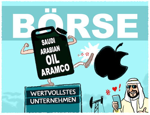 Cartoon: Neuer Börsenliebling... (medium) by markus-grolik tagged boerse,aramco,saudi,arabien,bin,salman,oel,apple,technologie,coupertino,aktienwert,aktien,fossiles,zeitalter,boerse,aramco,saudi,arabien,bin,salman,oel,apple,technologie,coupertino,aktienwert,aktien,fossiles,zeitalter