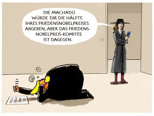 Cartoon: Nobelpreis... (medium) by markus-grolik tagged machado,trump,friedensnobelpreis,venezuela,macht,machtübernahme,regierung,öl,maduro,us,usa,maga,ego,machado,trump,friedensnobelpreis,venezuela,macht,machtübernahme,regierung,öl,maduro,us,usa,maga,ego