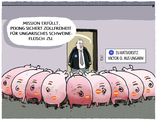 Cartoon: Orban - make Europe great again. (medium) by markus-grolik tagged viktor,orban,eu,ratsvorsitz,europa,bruessel,ungarn,populismus,videz,nationalismus,schweinefleisch,zoll,strafzoelle,china,peking,russland,putin,ukraine,krieg,viktor,orban,eu,ratsvorsitz,europa,bruessel,ungarn,populismus,videz,nationalismus,schweinefleisch,zoll,strafzoelle,china,peking,russland,putin,ukraine,krieg