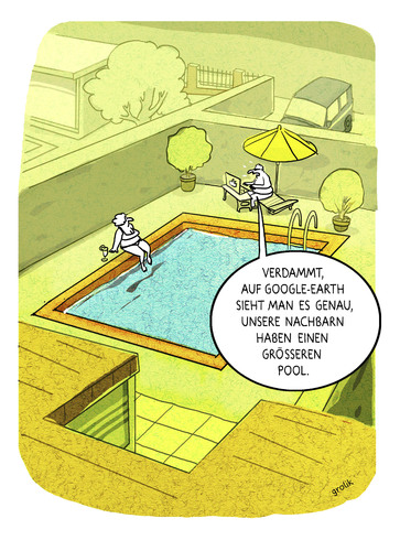 Cartoon: Poolneid (medium) by markus-grolik tagged pool,poolneid,google,earth,maps,internet,web,vergleich,probleme,neidgesellschaft,cartoon,grolik