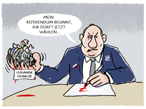 Cartoon: Putin... (medium) by markus-grolik tagged ukraine,russland,referendum,putin,luhansk,donezk,abstimmung,krieg,völkerrecht,ukraine,russland,referendum,putin,luhansk,donezk,abstimmung,krieg,völkerrecht