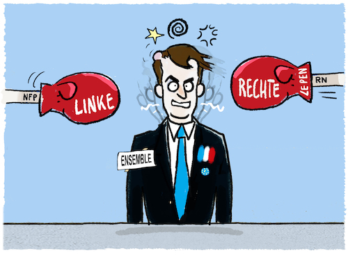 Cartoon: Regierungskrise in Frankreich (medium) by markus-grolik tagged frankreich,regierungskrise,kabinett,macron,premierminister,barnier,parlament,linksbuendnis,nfp,neue,volksfront,rechtsnationale,rassemblement,national,rn,lepen,misstrauensvotum,frankreich,regierungskrise,kabinett,macron,premierminister,barnier,parlament,linksbuendnis,nfp,neue,volksfront,rechtsnationale,rassemblement,national,rn,lepen,misstrauensvotum