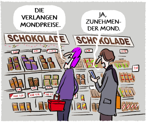 Cartoon: Schokoschock (medium) by markus-grolik tagged schoko,schockpreise,schokolade,mondpreis,preis,kakao,discounter,inflation,dubai,nüsse,ernte,lebensmittel,luxus,schoko,schockpreise,schokolade,mondpreis,preis,kakao,discounter,inflation,dubai,nüsse,ernte,lebensmittel,luxus