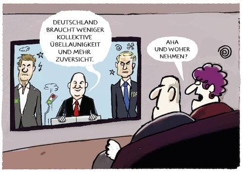 Cartoon: Scholz fordert mehr Zuversicht (medium) by markus-grolik tagged scholz,ampel,optimismus,deutschland,zukunft,spd,gruene,fdp,klime,natur,krieg,politik,unzufriedenheit,scholz,ampel,optimismus,deutschland,zukunft,spd,gruene,fdp,klime,natur,krieg,politik,unzufriedenheit