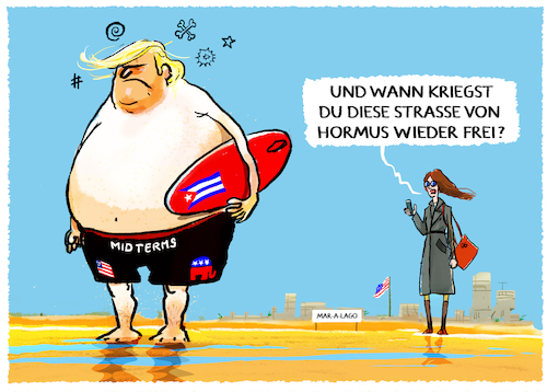 Cartoon: Surfin USA (medium) by markus-grolik tagged trump,usa,magamidterms,iran,strasse,von,hormus,öl,cuba,kuba,krieg,militär,trump,usa,magamidterms,iran,strasse,von,hormus,öl,cuba,kuba,krieg,militär