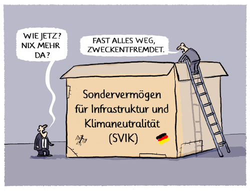 Cartoon: SVIK... (medium) by markus-grolik tagged zweckentfremdet,svik,sondervermoegen,infrastruktur,klima,ifo,iw,deutschland,regierung,bund,zweckentfremdet,svik,sondervermoegen,infrastruktur,klima,ifo,iw,deutschland,regierung,bund