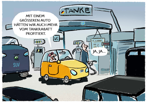 Cartoon: Tankrabatt... (medium) by markus-grolik tagged tankrabatt,benzinpreis,deutschland,regierung,benzinverbrauch,spritverbrauch,arm,reich,suv,kleinwagen,tankstelle,diesel,subventionen,autofahrer,verbrenner,tankrabatt,benzinpreis,deutschland,regierung,benzinverbrauch,spritverbrauch,arm,reich,suv,kleinwagen,tankstelle,diesel,subventionen,autofahrer,verbrenner