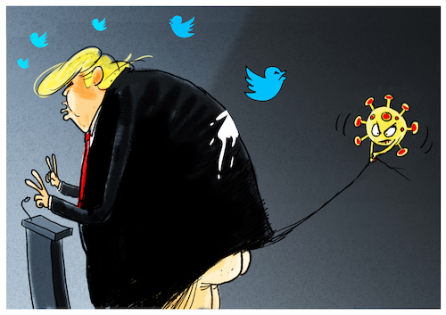 Cartoon: Trump Covid Twitter (medium) by markus-grolik tagged netzwerk,waehlerstimmen,praesident,populismus,demokratie,umfragewerte,umfragen,twittern,twitter,fake,news,trump,covid,19,corona,usa,sars,pandemie,netzwerk,waehlerstimmen,praesident,populismus,demokratie,umfragewerte,umfragen,twittern,twitter,fake,news,trump,covid,19,corona,usa,sars,pandemie