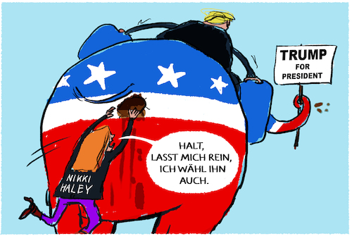 Cartoon: Trumpistin... (medium) by markus-grolik tagged trump,donald,nikki,haley,republikaner,wahlkampf,praesidentschaft,usa,trump,donald,nikki,haley,republikaner,wahlkampf,praesidentschaft,usa