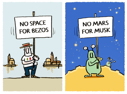 Cartoon: Venedig protestiert... (medium) by markus-grolik tagged venedig,bezos,hochzeit,luxus,event,amazon,milliardaer,italien,usa,mars,space,tech,oligarchen,musk,techbros,venedig,bezos,hochzeit,luxus,event,amazon,milliardaer,italien,usa,mars,space,tech,oligarchen,musk,techbros