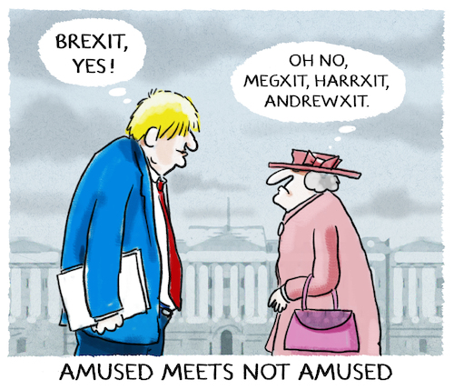 Cartoon: ...you ll never walk alone... (medium) by markus-grolik tagged queen,royals,harry,meghan,london,koenigshaus,teilzeitkuendigung,ruecktritt,england,brexit,boris,johnson,andrew,queen,royals,harry,meghan,london,koenigshaus,teilzeitkuendigung,ruecktritt,england,brexit,boris,johnson,andrew