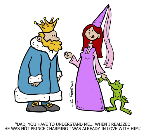 Cartoon: Frog (medium) by Juan Carlos Partidas tagged tales,fairy,crown,teenager,teen,girlfriend,boyfriend,couple,loved,love,late,curse,magic,kingdom,king,toad,frog,prince,princess