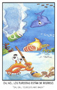 Cartoon: Tourists (small) by Juan Carlos Partidas tagged crab dolphin pollution can contaminate broom garbage littering ocean sea tourism tourists preserve ecosystem ecology marine bottom environment complaint upset