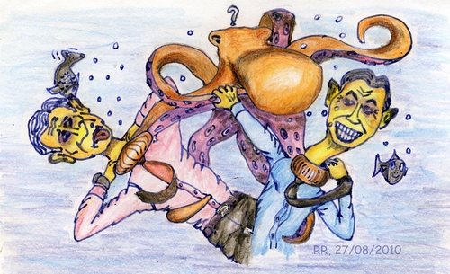Cartoon: Waterboarding (medium) by trebortoonut tagged octopuss,paul,georgebush,tonyblair,waterboarding