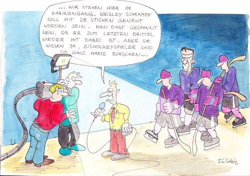 Cartoon: Harter Bursche (medium) by Josch tagged kabinengang,drittelpause,frankenstein,guy,tough,bursche,harter,reportage,übertragung,kamera,hockey,ice,eishockey