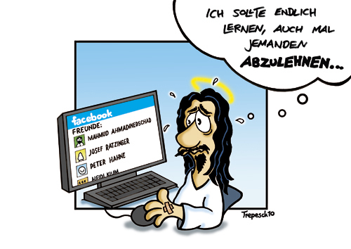 Cartoon: Jesus loves facebook (medium) by Marcus Trepesch tagged jesus,religion,cartoon,facebook,social,network,internet,web