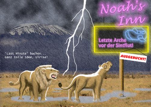 Cartoon: Last minute (medium) by Michael Böhm tagged bible,animal,flood,cartoon,lion,noah,bibel,löwe,flut,arche,sintflut