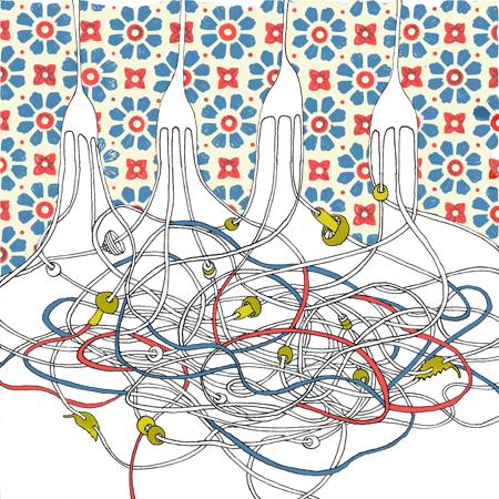 Cartoon: Spaghetti (medium) by flyingfly tagged khesina,lina,drawing,color,illustration,food,meal,fork,mashrooms,spaghetti,pattern,graphic