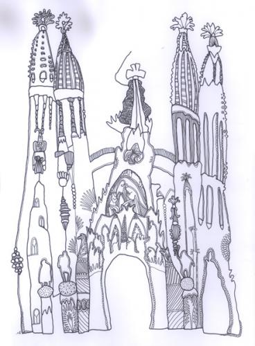 Cartoon: Spain. Barcelona (medium) by flyingfly tagged barcelona,church,temple,de,la,sagrada,familia,cathedral,lina,khesina,drawing,religion,spain
