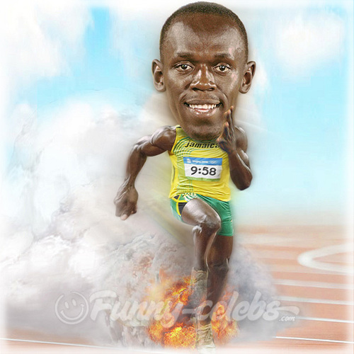 Cartoon: Usain Bolt (medium) by funny-celebs tagged usain,bolt,sprinter,jamaica,100metres,world,record,athletics,olympic,games,diamond,league,gold,medal,running,fire,smoke