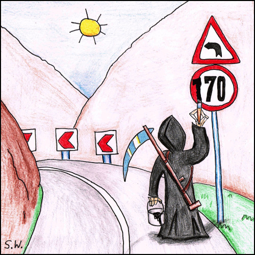 Cartoon: Bergstraße (medium) by Storch tagged tod,kurve,überhöhte,geschwindigkeit,sense
