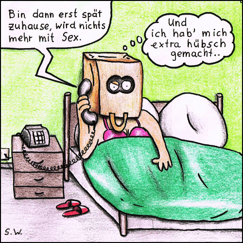 Cartoon: Erst später (medium) by Storch tagged tüte,hübsch,zurecht,gemacht