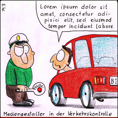 Cartoon: Mediengestalter (medium) by Storch tagged lorem,ipsum,platzhalter,text,polizei,rotes,auto