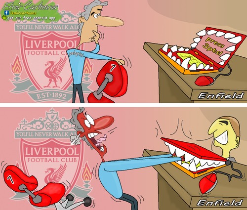 Cartoon: Liverpool runs over Manchester C (medium) by emir cartoons tagged football,cartoons,emir,city,manchester,over,runs,liverpool