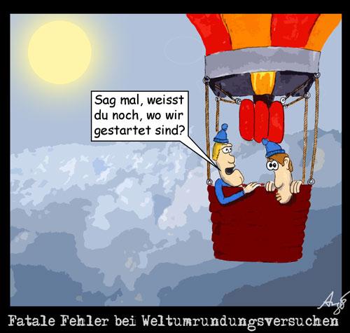 Cartoon: Fehler bei Weltumrundungsversuch (medium) by Anjo tagged weltumrundung,balloon,idioten,heissluftballoon