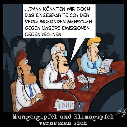 Cartoon: Vernetztes Denken (medium) by Anjo tagged welthunger,klima,klimakonferenz,hungergipfel,gipfel,co2,emmissionen,kopenhagen