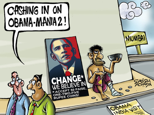 Cartoon: Will Obama bring CHANGE to India (medium) by Satish Acharya tagged obama,india,visit,change,usa