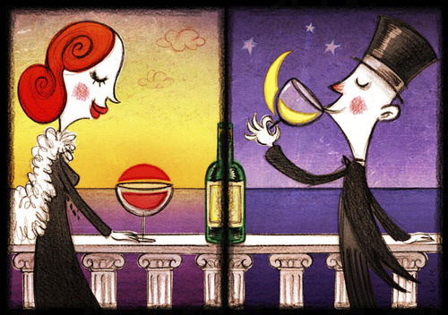 Cartoon: from day .....to night (medium) by Giacomo tagged wine,red,white,day,evening,sun,moon,stars,love,giacomo,cardelli,lombrio,jack,sea