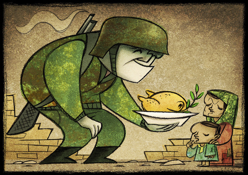 Cartoon: Peace is served (medium) by Giacomo tagged war,peace,mission,profugni,iraq,afghanistan,dove,olive,tree,flat,giacomo,cardelli,lombrio