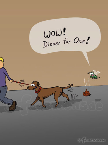 Cartoon: DINNER FOR ONE (medium) by Frank Zimmermann tagged hund,fliege,scheiße,one,for,dinner,wow,fly,shit,street,straße,gassi,fcartoons,leash