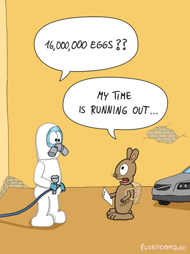 Cartoon: EASTER (medium) by Frank Zimmermann tagged cartoon,comic,varnisher,painter,suit,overall,gasmask,ask,rabbit,easterbunny,easter,schlauch,schutzanzug,eier,lackiererei,volvo,auto,lack,lackierer,osterhase,ostern,anfrage,hase,fragen