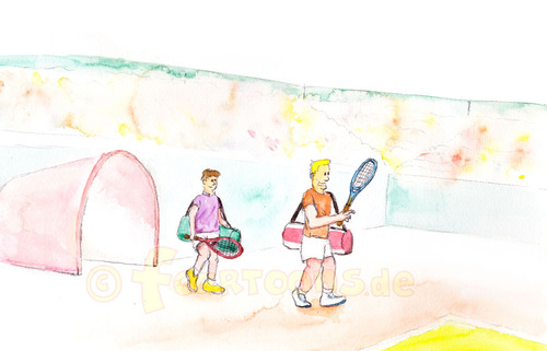 Cartoon: Einmarsch Tennis Finale (medium) by Frank Zimmermann tagged einmarsch,tennis,finale,wimbledon,center,court,racket,play,zuschauer,fcartoons,aquarell,hensson,tennisschläger