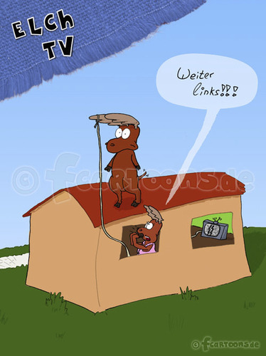 Cartoon: Elch TV (medium) by Frank Zimmermann tagged mann,frau,ehe,tv,elch,links,ehemann,kabel,empfang,fernsehen,antenne,haus,dach,house,roof,moose,elk,fcartoons