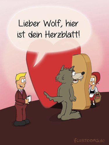 Cartoon: Herzblatt (medium) by Frank Zimmermann tagged wolve,hood,riding,red,little,pink,rosa,show,moderator,wolf,rotkäppchen,herzblatt