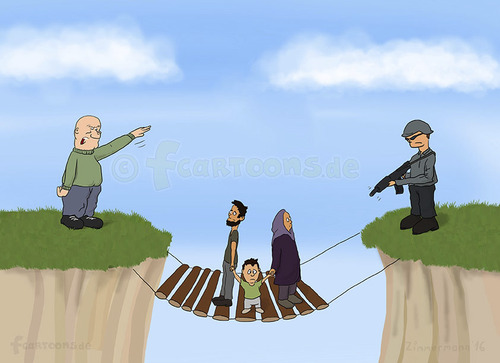 Cartoon: IN BETWEEN-zwischen den Fronten (medium) by Frank Zimmermann tagged between,front,refugee,refugees,syria,flüchtlinge,krise,soldat,gewehr,gun,bridge,nazi,soldier,war,family