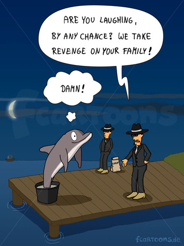 Cartoon: REVENGE (medium) by Frank Zimmermann tagged revenge,cement,dolphin,family,harbor,jetty,landing,mafia,port,stage,bootssteg,cartoon,delfin,delphin,dunkel,mond,nacht,rache,sonnenbrille,steg,zement