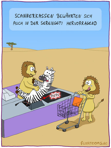 Cartoon: Scannerkasse (medium) by Frank Zimmermann tagged scannerkasse,löwe,zebra,kasse,serengeti,piep,einkaufswagen