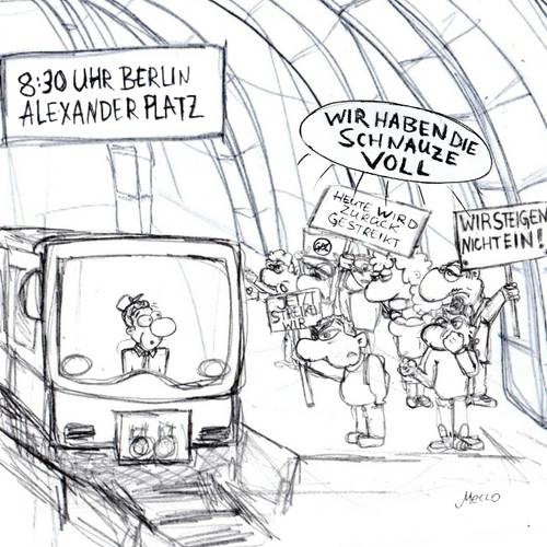 Cartoon: Jetzt streiken wir zurück (medium) by mecco tagged funny,witzig,satire,gdl,streik,db,bahn,sbahn,berlin,bahnstreik,tarif,verhandlungen,zeitgeist,alexanderplatz