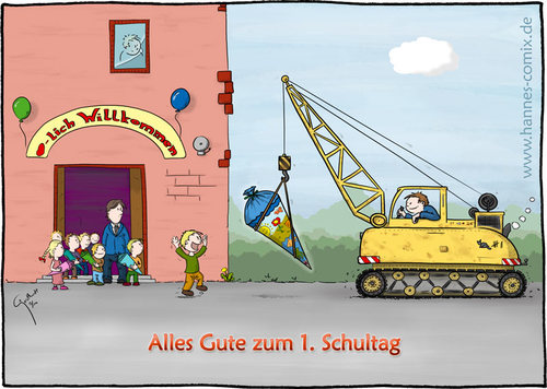 Cartoon: 1. Schultag (medium) by Hannes tagged schule,grundschule,einschulung,schultüte,eltern,kinder,schüler,lehrer,schultag,schulanfang,bagger