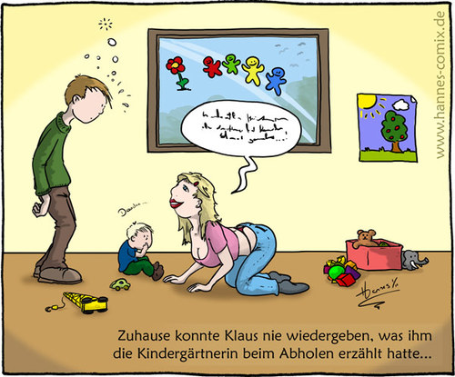 Cartoon: Konzentration (medium) by Hannes tagged brust,busen,dekollete,erzieherin,frau,gucken,kindergarten,konzentration,mann,sexy,string,unterwäsche,zuhören