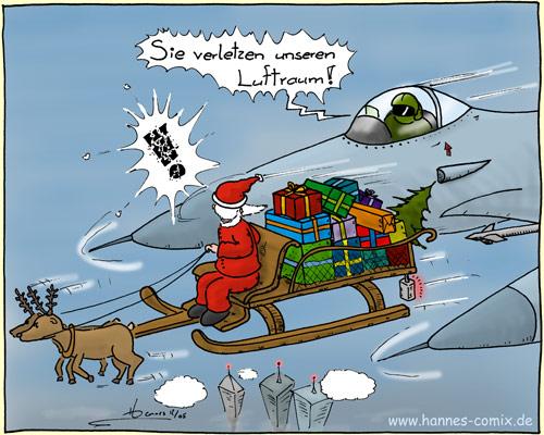 Cartoon: Luftraumverletzung (medium) by Hannes tagged weihnachtsmann,schlitten,rentier,weihnachten,jet,f16,kampfflugzeug,abfangjäger,luftraum
