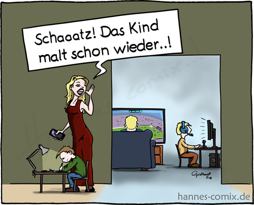 Cartoon: malen (medium) by Hannes tagged kinder,eltern,erziehung,malen,computer,medienkompetenz,künstler,technik,unterhaltung