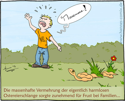 Cartoon: Ostereierschlange (medium) by Hannes tagged ostern,ostereier,schlange,ostereierschlange,eierschlange,kinder,familie,wiese,frust,weinen,junge,kind